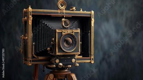 A detailed antique brass and wood large format camera mounted on a tripod, capturing a sense of vintage photography and historical craftsmanship.