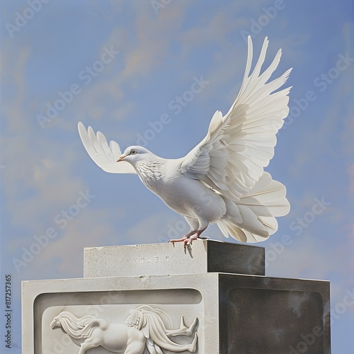 White Dove Perched on War Memorial Symbolizing Peace and Remembrance photo