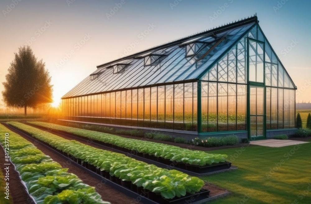 Close-up. Large glass greenhouse in the garden at sunset. Agricultural production. Growing plants Close-up. Large glass greenhouse in the garden at sunset. Agricultural production. Growing plants