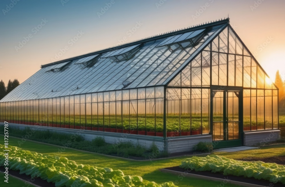 Large glass greenhouse in the garden at sunset Large glass greenhouse in the garden at sunset