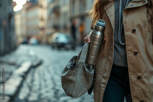 Woman with bag and insulated bottle on city street photo