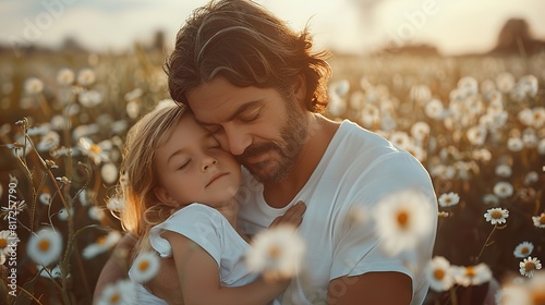 a father hugging his little daughter in a field of daisies photo