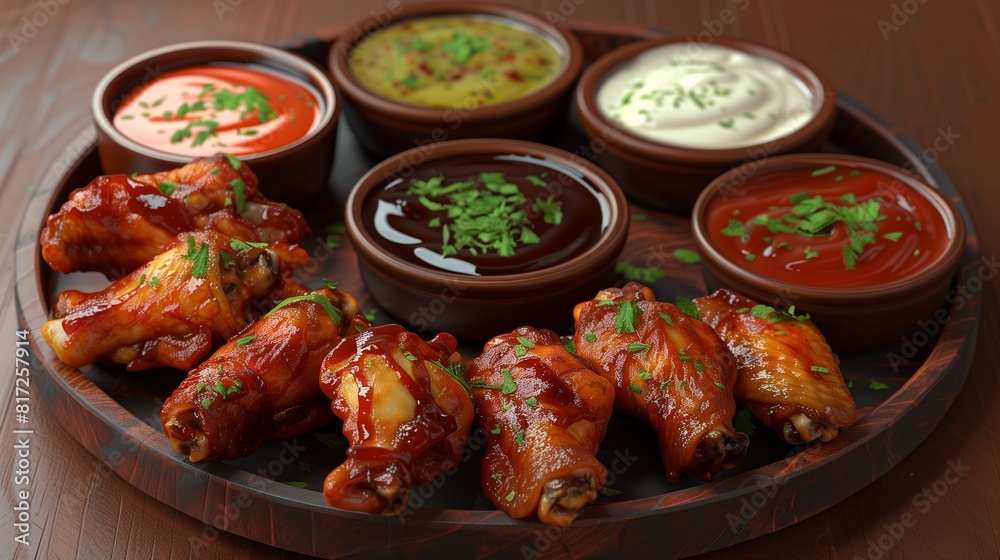 A photorealistic image of a delicious plate of barbecue chicken wings, with a variety of dipping sauces.