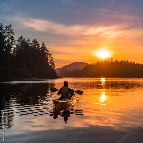 Kayak sea man. Happy attractive man kayaking on the lake in sunset. Summer holiday vacation and travel concept.