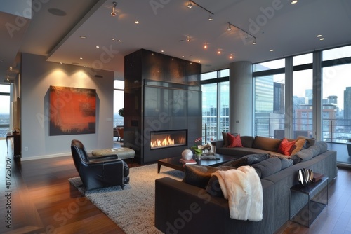 An inviting contemporary living room with a statement fireplace  surrounded by minimalist decor