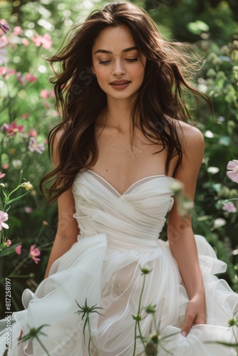 A radiant bride in a white gown stands elegantly in a lush garden setting, representing love and celebration on her wedding day photo