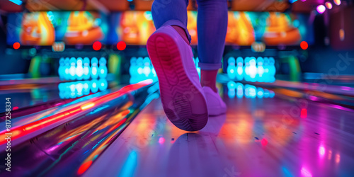 Close-up on legs of an adult playing bowling with glowing bowling ball. Active leisure for young adults.