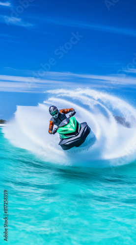 Jet ski jumping on waves on sea. Summer concept.