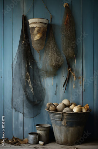 Fishing net with white floats hanging on a wooden wall. Trawler fishing net and floats. Fishing nets and ropes.Different fishing equipment. photo