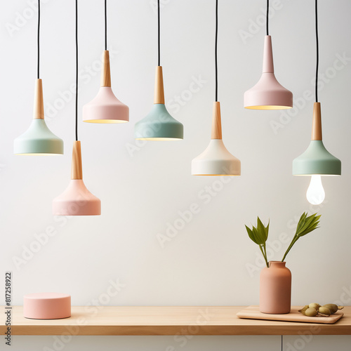 Different pastel colors lamp hanging from the top above the tabel with plant. Minimalist concept. photo