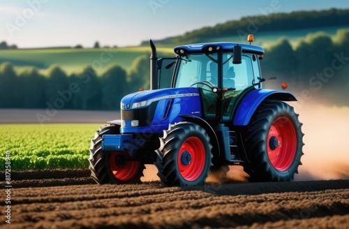 Close-up. A tractor drives across a field  raising a column of dust behind it.