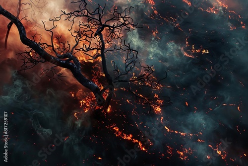 Merge unexpected close-ups with minimalist elements in wildfire scenes photo