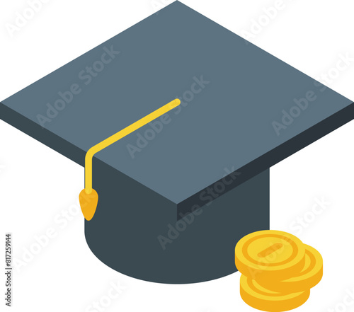 Isometric vector of a graduation hat next to a stack of coins, symbolizing education investment