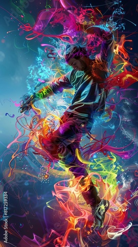 Create a digital painting of a man dancing breakdance. He's wearing a blue hoodie and jeans. The background is a colorful abstract.