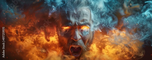Surreal image of a man engulfed in flames