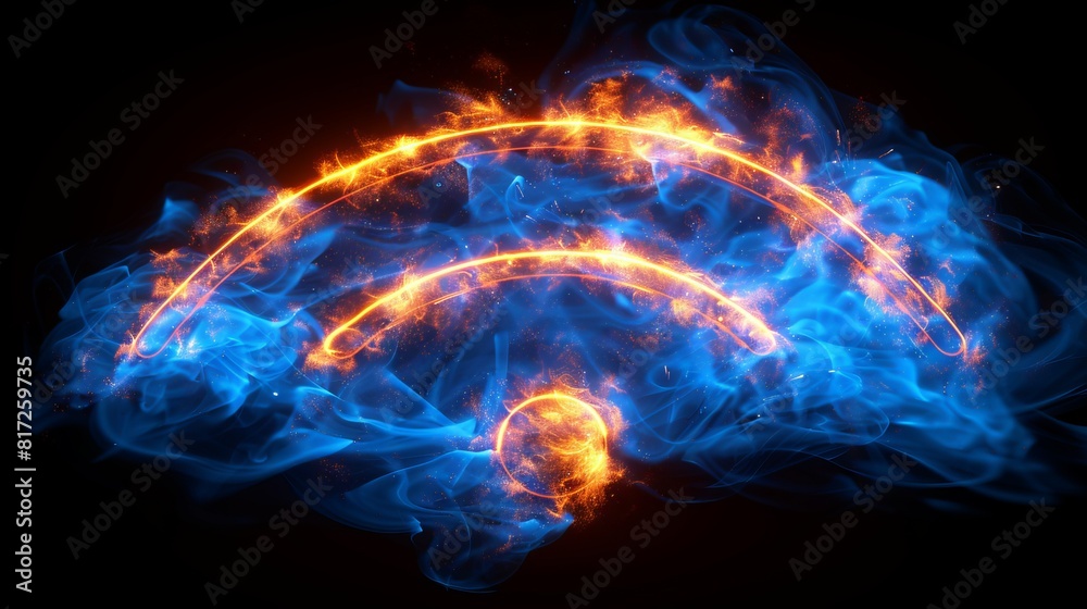 Futuristic depiction of the Wi-Fi symbol, representing wireless networking innovation with blue neon glow in a smoky environment. Futuristic depiction of the Wi-Fi symbol, representing wireless networking innovation with blue neon glow in a smoky environment.