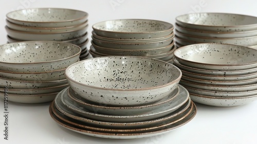  A stack of gray and white dishes sits atop a white table, next to a stack of black and white plates