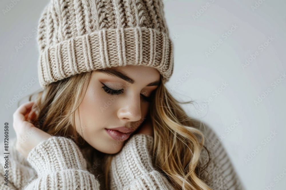 Woman Wearing Hat. Caucasian Blond Woman in Beanie Hat on White Background