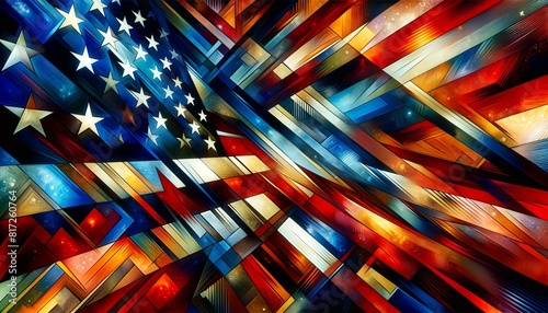 An abstract painting featuring a modern interpretation of the American flags stars and stripes motif, creating a dynamic and colorful backdrop.