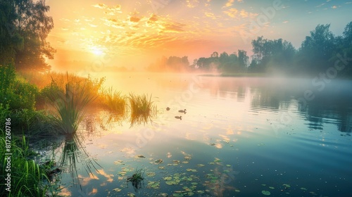 Sunrise Lake. Misty Shore of a Duck Pond at Dawn with Hazy Summer Sun