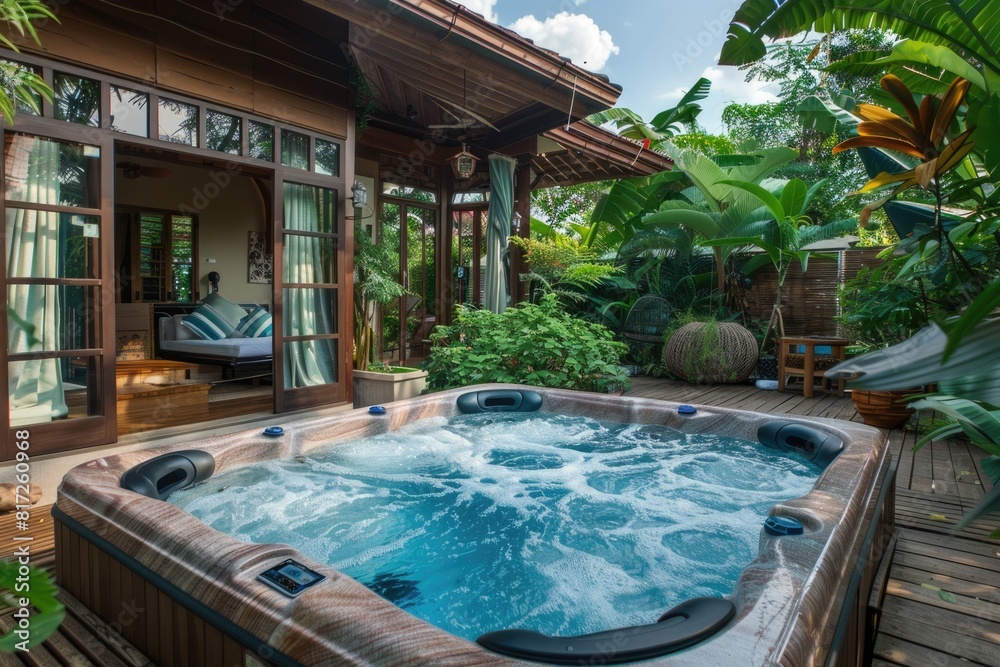 Whirlpool Tub. Luxurious Hot Tub on Backyard Terrace, Perfect for Relaxing Spa Holidays at Home