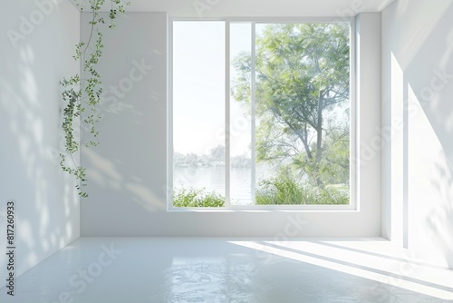 Window Wall. Three-dimensional Abstract Room with Summer Landscape View