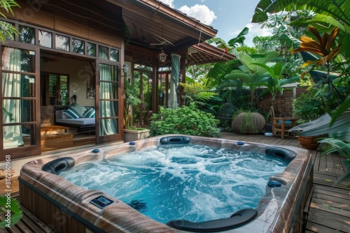 Whirlpool Tub. Luxurious Hot Tub on Backyard Terrace, Perfect for Relaxing Spa Holidays at Home © Serhii