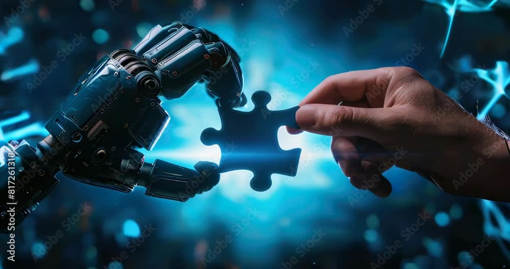 Human hand and robotic arm unite to complete a puzzle, showcasing synergy in solving problems together. Robotic relationships