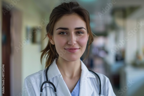 Woman Doctor Portrait Smiling with Stethoscope in Hospital Office