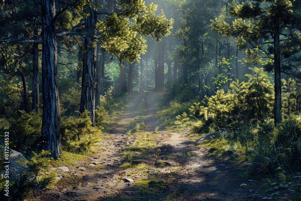 Sunlit Forest Path with Natural Trails and Pine Trees in the Wooded Landscape