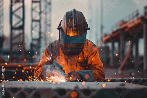 Welder in factory, working with sparks flying, welding metal. Man in mask, using heavy machinery, equipment for engineering tasks. Hot work environment, precision in steel cutting.