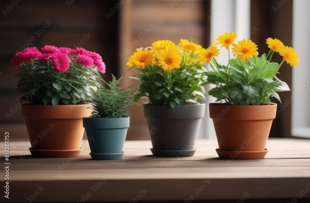 Multi-colored flowers in clay pots stand on the windowsill near the window