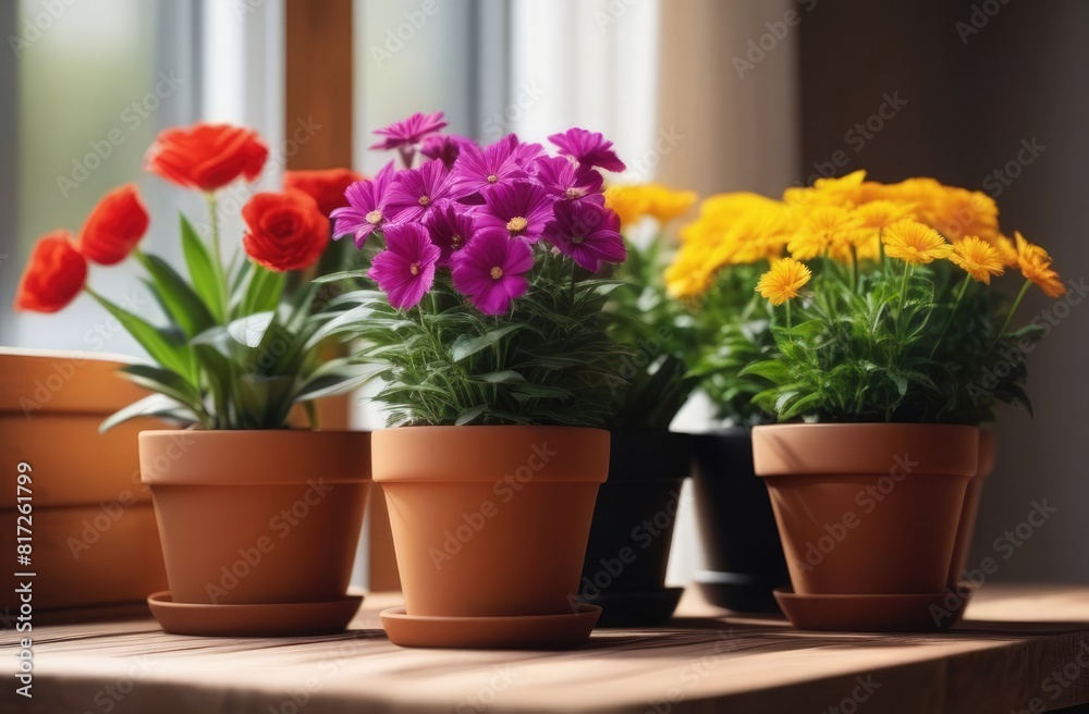 Multi-colored flowers in pots stand on the windowsill Multi-colored flowers in pots stand on the windowsill