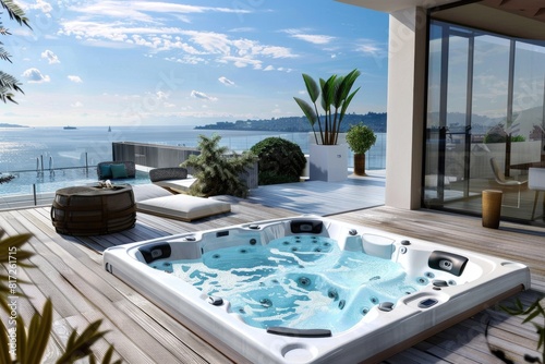 Whirlpool Tub. Luxurious Hot Tub on Backyard Terrace for Relaxing Spa Experience