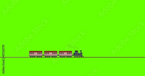 Old train, locomotive animation. Cartoon vintage buff, guilty stream railroad, Left to right pan. Retro, chimney goes on the rails, smoke. Steam engine, transportation example. Green screen foo