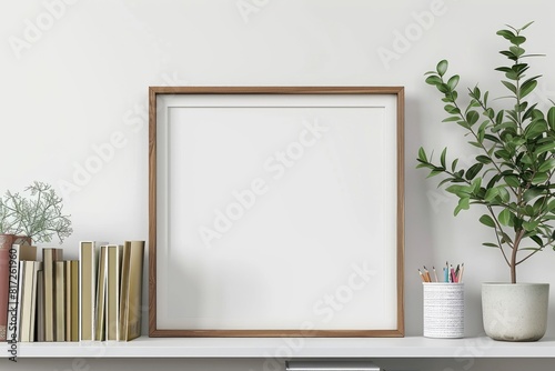Photo Frame Empty. Bohemian Style Horizontal Wooden Frame Mockup for Artwork Display in Interior © Serhii