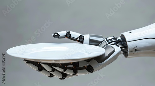 Illustration of a robot hand holding an empty plate against a grey background.