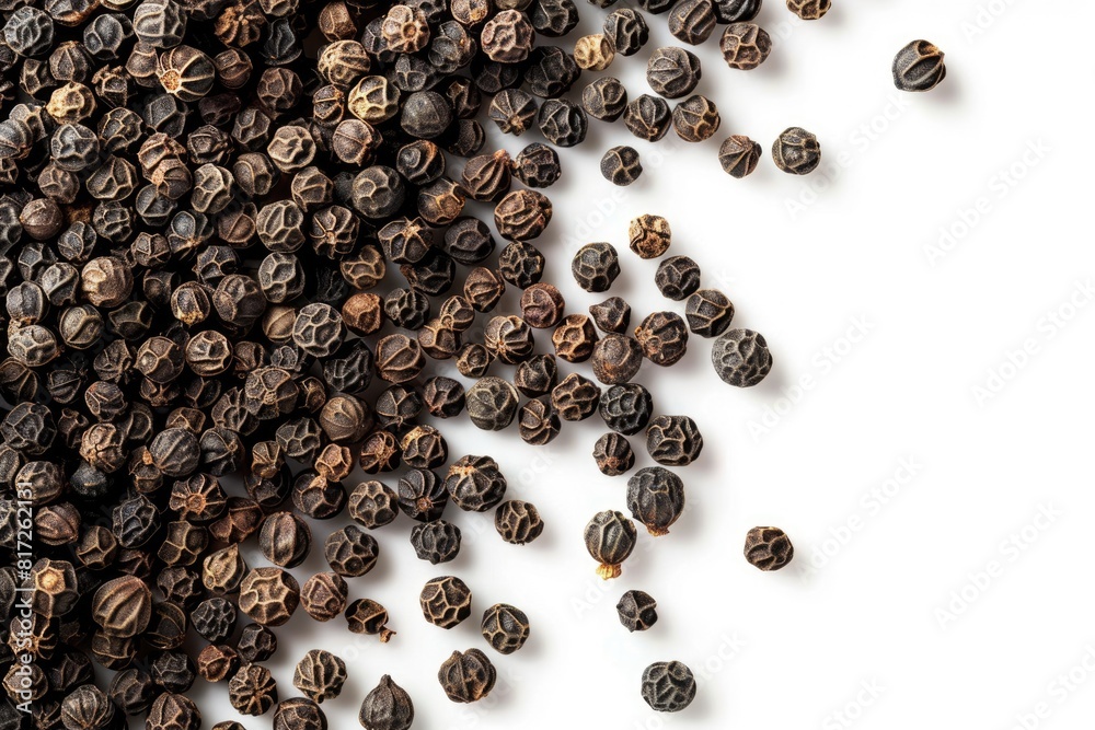 Pepper Background. Top View Close-Up of Black Pepper Pile on White Cut-Out Background Pepper Background. Top View Close-Up of Black Pepper Pile on White Cut-Out Background