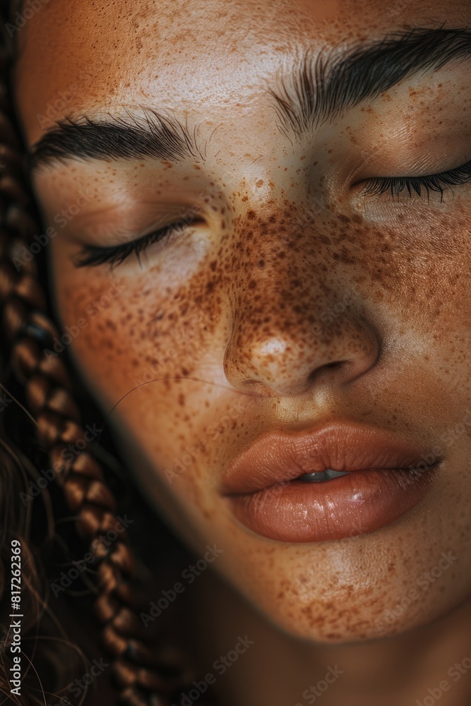 Skin Closeup. Portrait of a Happy Young Woman with Freckles and Black Braid