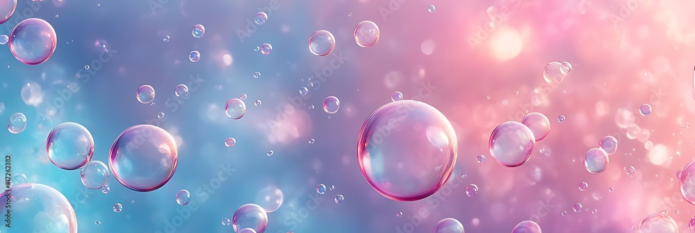  soap bubbles on a pastel background, red pink abstract oil bubbles or face serum background. pink Oil and water bubbles molecule ,pink Bubbles oil or collagen serum for cosmetic product, banner poste