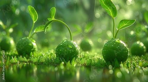  A cluster of verdant vegetation emerges from the earth, adorned with dewdrops on its foliage photo