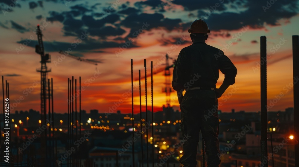 construction worker installer at sunset