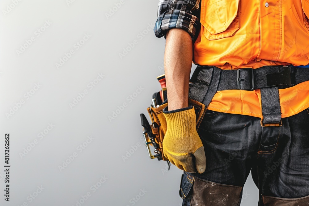 Worker with tool belt and orange vest Worker with tool belt and orange vest