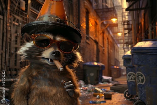 Mischevious Racoon in Party Hat, Oversized Glasses, and Cigar, City Alley Trash Cans, Night Scene, Copy Space photo