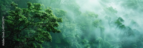 Nature Banner: Foggy Forest Panorama with Lush Foliage for Bright Ecology Background photo