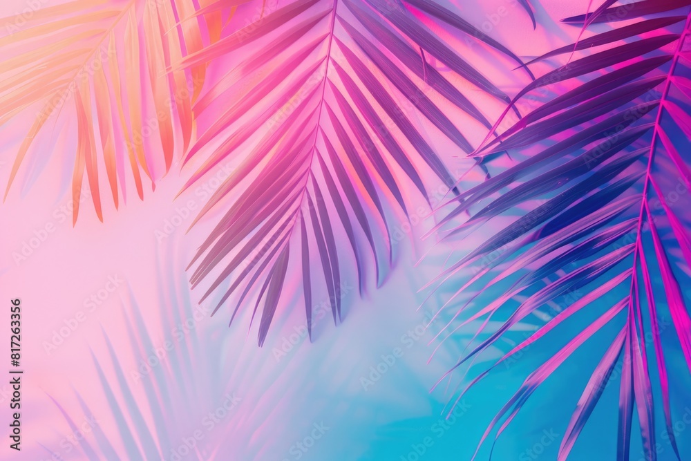 Palm Background. Minimal Art Concept with Vibrant Neon Gradient in Pastel Pink Hues