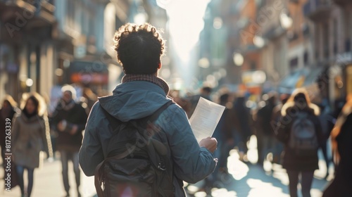 Caucasian man distributing flyers on a busy urban street. Male volunteer handing out pamphlets to pedestrians. Concept of advertising  public awareness  street marketing  and urban engagement.