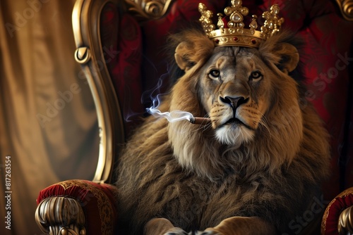 Proud Lion in Crown and Ceremonial Robe  Smoking a Cigar  Royal Throne Room  Majestic  Copy Space for Text