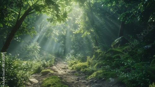 A scenic hike through a lush forest with sunlight filtering through the canopy