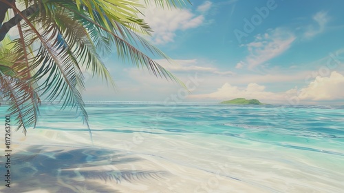 serene beach scene with crystal clear waters and palm trees swaying in the breeze